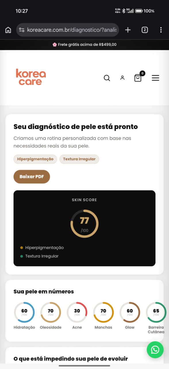 Tela de diagnóstico Korea Care com skin score