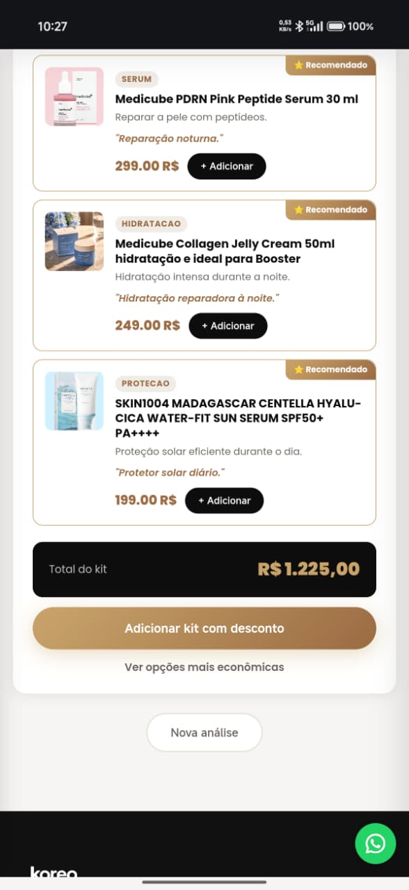 Tela Korea Care com produtos recomendados e total do kit