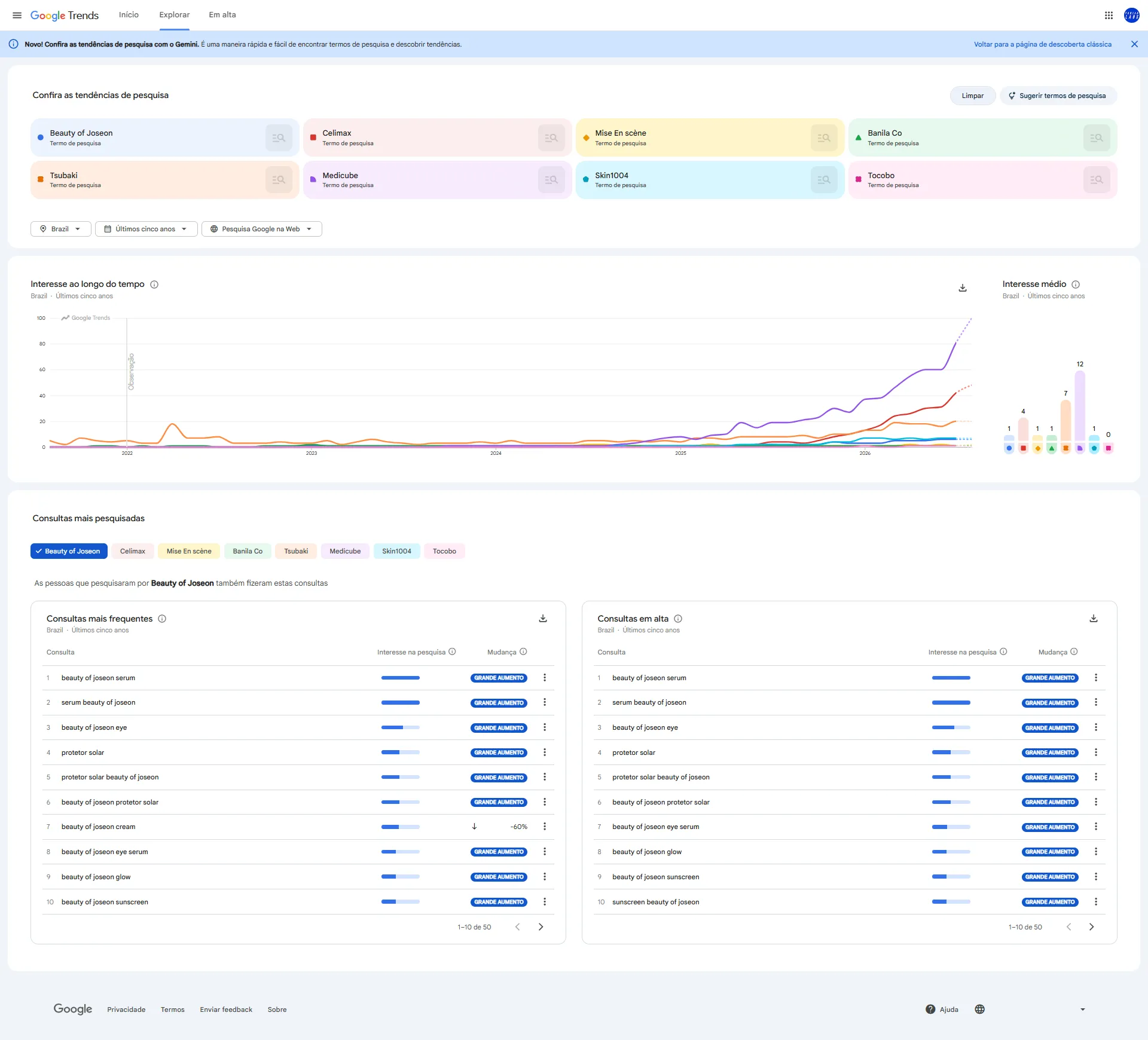 Google Trends de marcas vendidas pela Achados Beauty